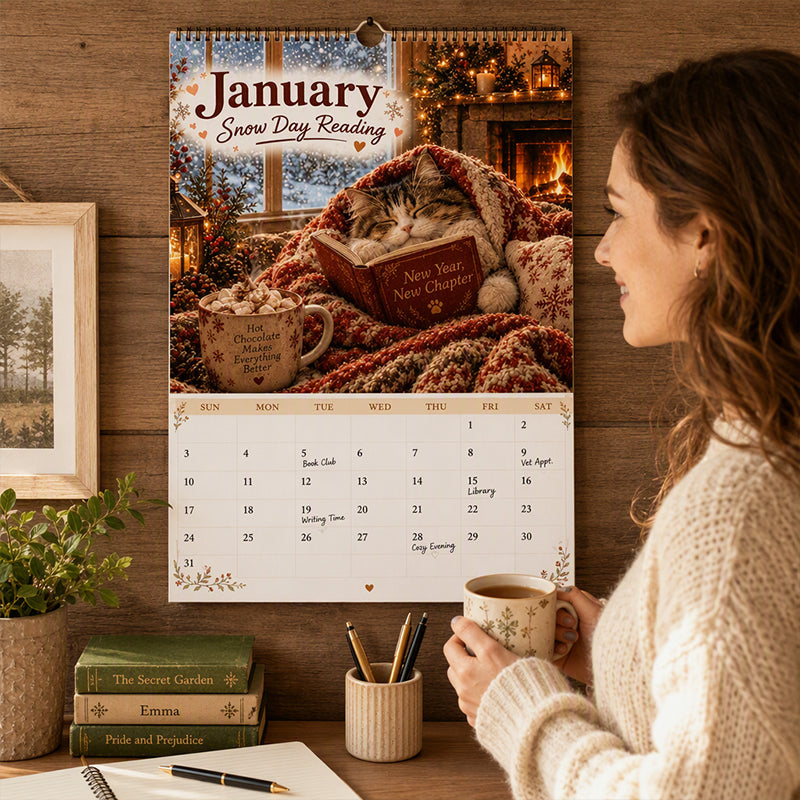 😻2027 Vægkalender med katte, der slapper af med bøger – Yndig katte-bog-kunst, store skriveblokke, perfekt gave til katte- og bogelskere!