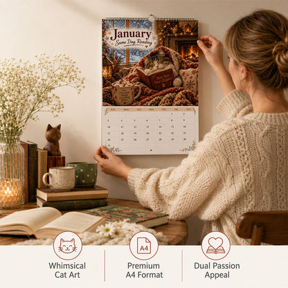 😻2027 Vægkalender med katte, der slapper af med bøger – Yndig katte-bog-kunst, store skriveblokke, perfekt gave til katte- og bogelskere!