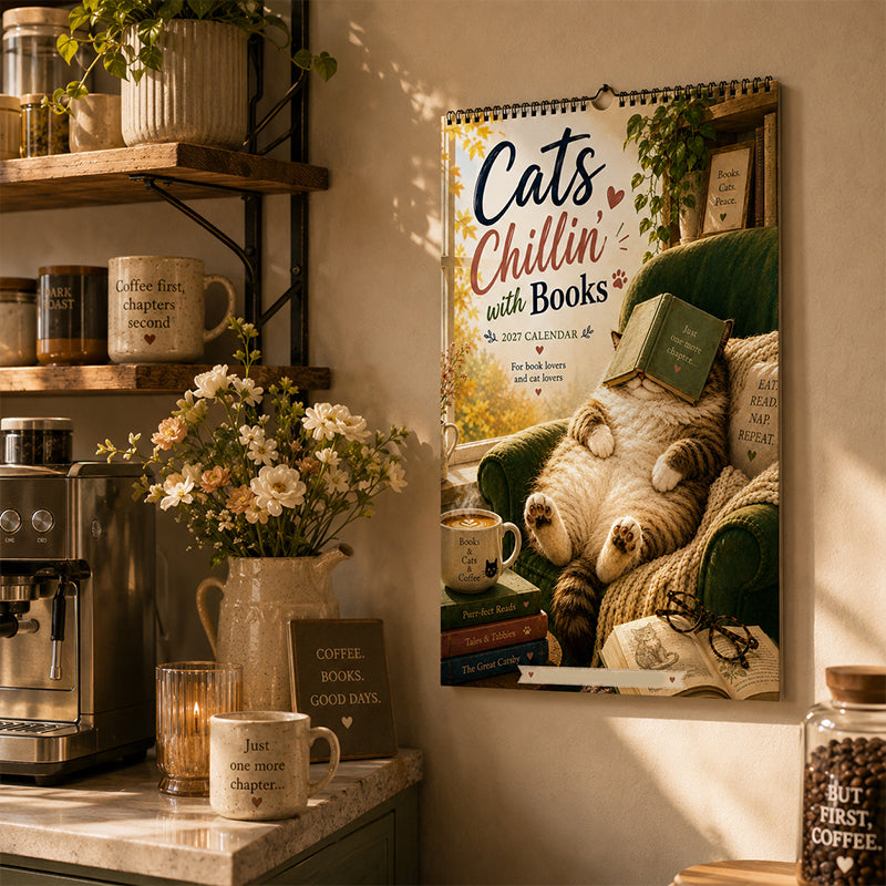 😻2027 Vægkalender med katte, der slapper af med bøger – Yndig katte-bog-kunst, store skriveblokke, perfekt gave til katte- og bogelskere!