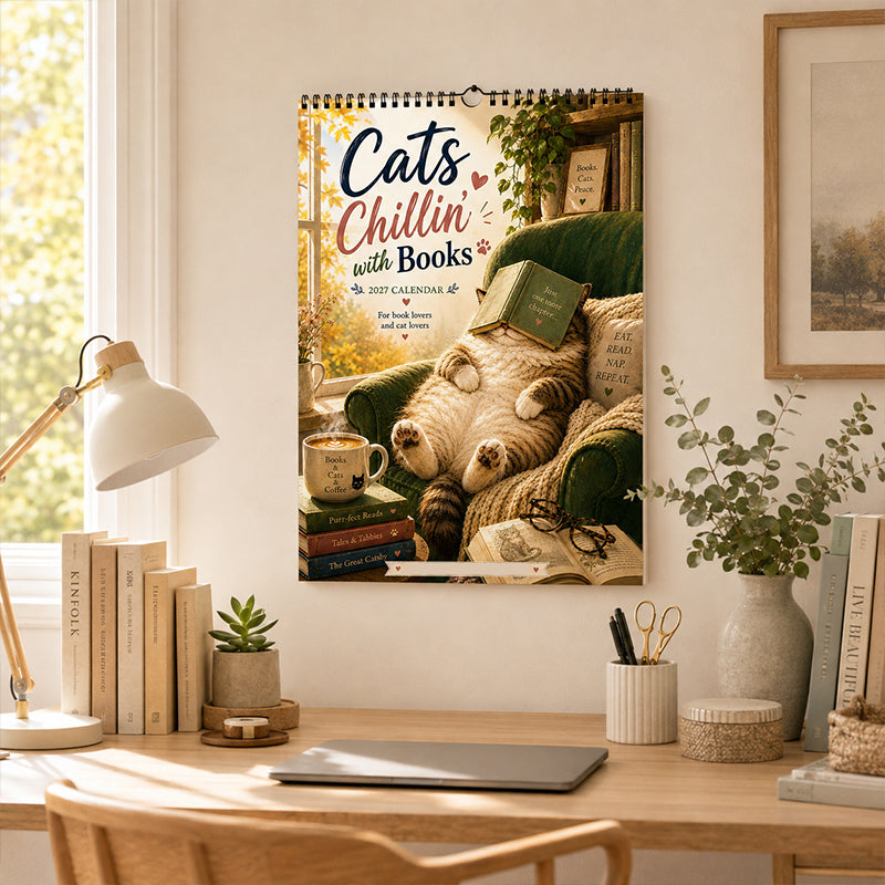 😻2027 Vægkalender med katte, der slapper af med bøger – Yndig katte-bog-kunst, store skriveblokke, perfekt gave til katte- og bogelskere!