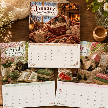 😻2027 Vægkalender med katte, der slapper af med bøger – Yndig katte-bog-kunst, store skriveblokke, perfekt gave til katte- og bogelskere!