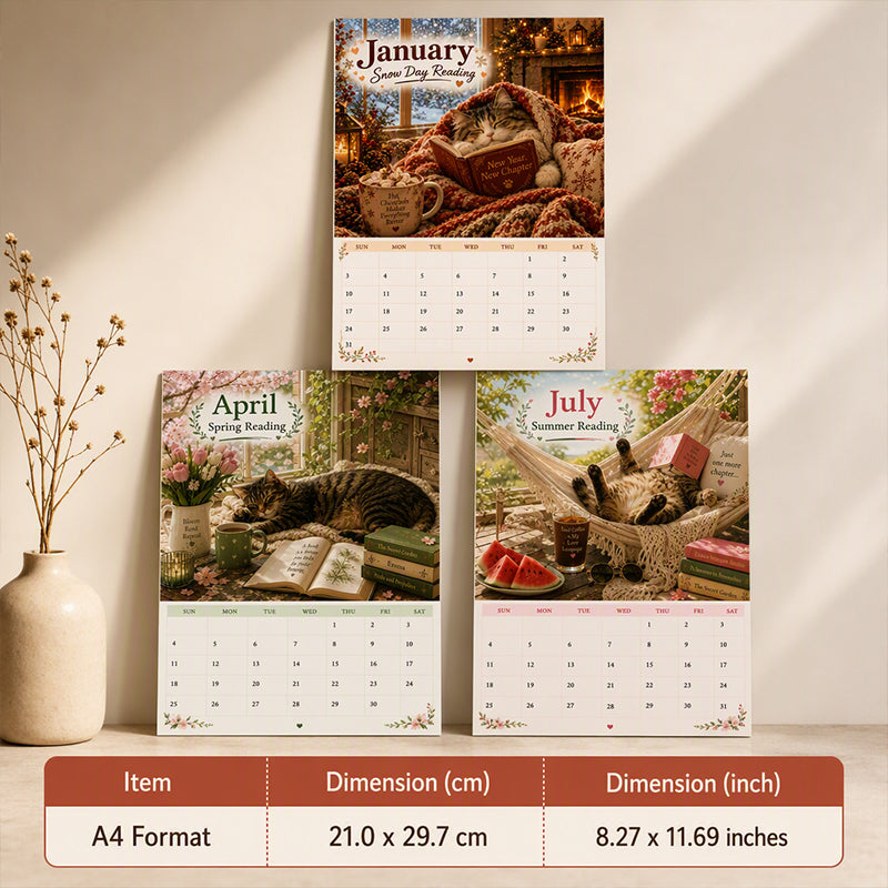 😻2027 Vægkalender med katte, der slapper af med bøger – Yndig katte-bog-kunst, store skriveblokke, perfekt gave til katte- og bogelskere!