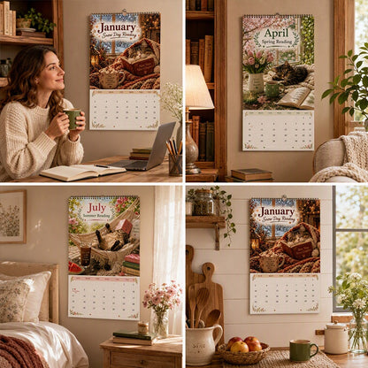 😻2027 Vægkalender med katte, der slapper af med bøger – Yndig katte-bog-kunst, store skriveblokke, perfekt gave til katte- og bogelskere!