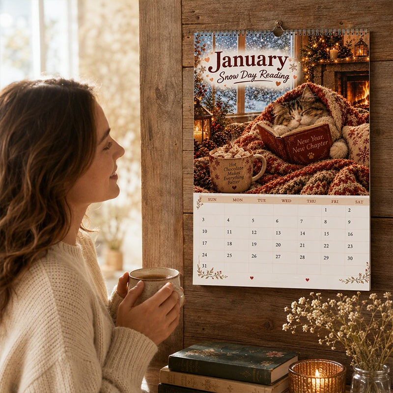 😻2027 Vægkalender med katte, der slapper af med bøger – Yndig katte-bog-kunst, store skriveblokke, perfekt gave til katte- og bogelskere!