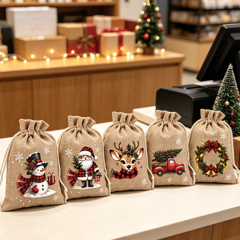 🎄🎁 Julegaveposer med snørebånd – festlige julemands- & rensdyrmotiver, dobbelt snørebånd & holdbart stof – juleglæde i hver gave ✨