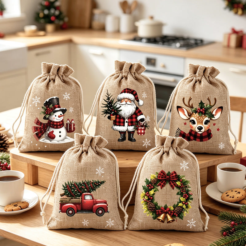 🎄🎁 Julegaveposer med snørebånd – festlige julemands- & rensdyrmotiver, dobbelt snørebånd & holdbart stof – juleglæde i hver gave ✨