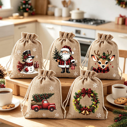 🎄🎁 Julegaveposer med snørebånd – festlige julemands- & rensdyrmotiver, dobbelt snørebånd & holdbart stof – juleglæde i hver gave ✨