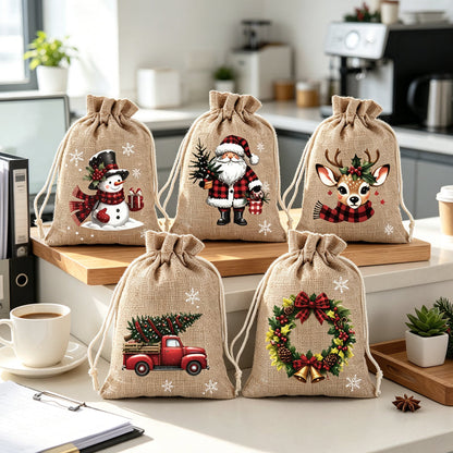 🎄🎁 Julegaveposer med snørebånd – festlige julemands- & rensdyrmotiver, dobbelt snørebånd & holdbart stof – juleglæde i hver gave ✨
