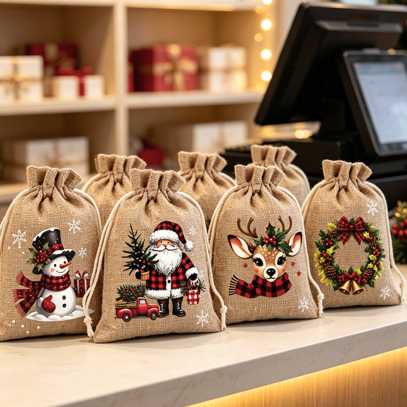 🎄🎁 Julegaveposer med snørebånd – festlige julemands- & rensdyrmotiver, dobbelt snørebånd & holdbart stof – juleglæde i hver gave ✨