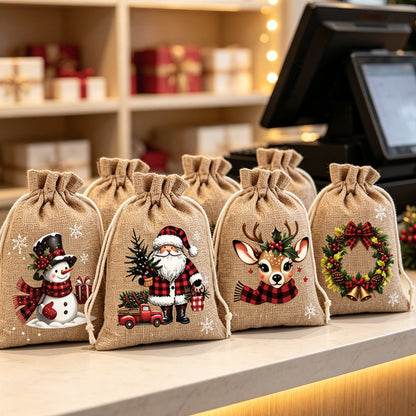🎄🎁 Julegaveposer med snørebånd – festlige julemands- & rensdyrmotiver, dobbelt snørebånd & holdbart stof – juleglæde i hver gave ✨