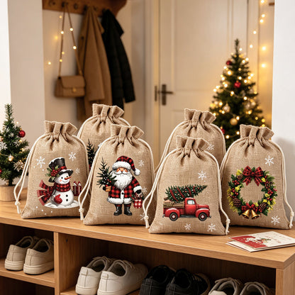 🎄🎁 Julegaveposer med snørebånd – festlige julemands- & rensdyrmotiver, dobbelt snørebånd & holdbart stof – juleglæde i hver gave ✨