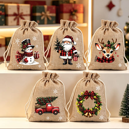 🎄🎁 Julegaveposer med snørebånd – festlige julemands- & rensdyrmotiver, dobbelt snørebånd & holdbart stof – juleglæde i hver gave ✨
