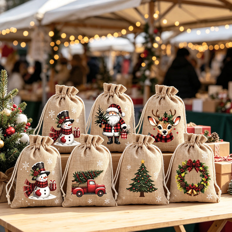 🎄🎁 Julegaveposer med snørebånd – festlige julemands- & rensdyrmotiver, dobbelt snørebånd & holdbart stof – juleglæde i hver gave ✨