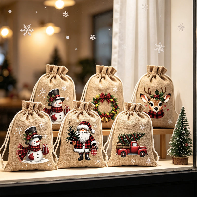 🎄🎁 Julegaveposer med snørebånd – festlige julemands- & rensdyrmotiver, dobbelt snørebånd & holdbart stof – juleglæde i hver gave ✨