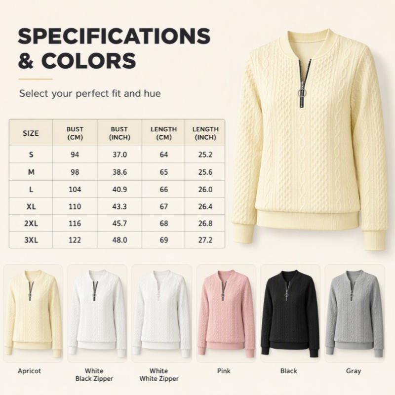 🎉 Striktrøje med kabelmønster og halv lynlås til kvinde