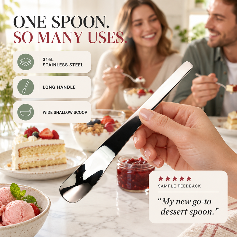 🥄 Dessertske i rustfrit stål med langt skaf